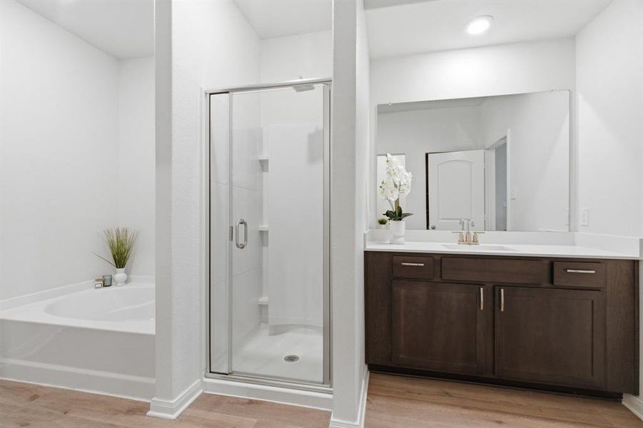 Bathroom featuring a white built-in bathtub, a glass-enclosed shower, a dark wood vanity with a white countertop, and a large wall-mounted mirror