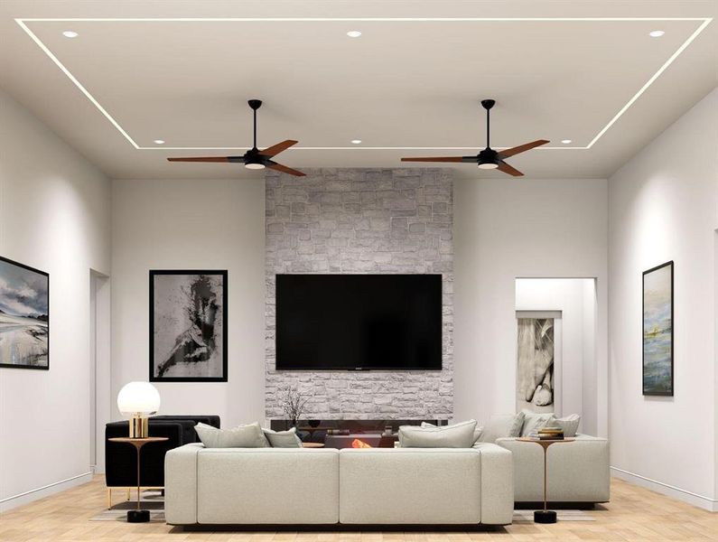 Living area with parquet flooring, recessed lighting, and a high ceiling