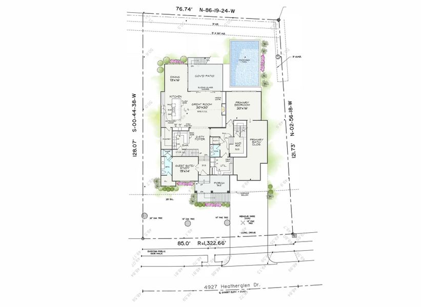 The site plan shows the enormous yard space surrounding the footprint of the home.