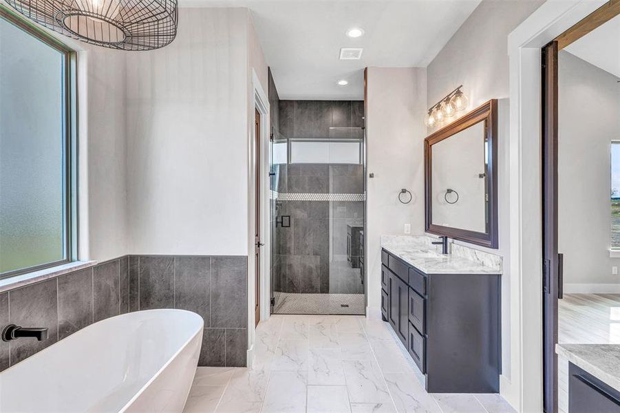 Bathroom with vanity and separate shower and tub