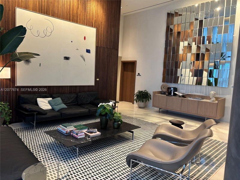 esigner-furnished lobby lounge with curated artwork