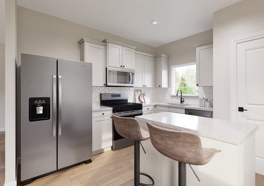 Modern kitchen with light cabinets, tiled backsplash and stainless steel appliances. White island with two brown chairs. Bright window and neutral tones.