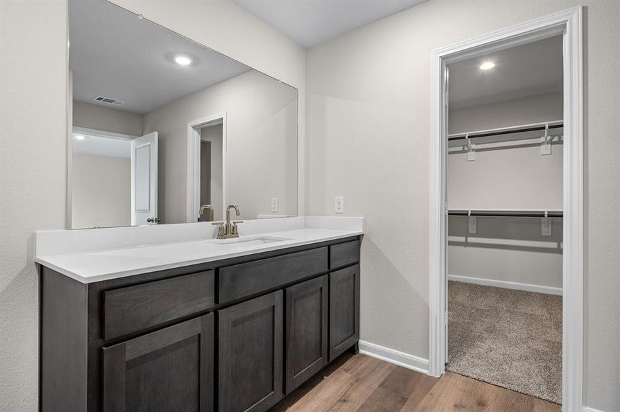 Full bath with vanity, dark wood-type flooring, recessed lighting, and a walk in closet Full bath with vanity, dark wood-type flooring, recessed lighting, and a walk in closet