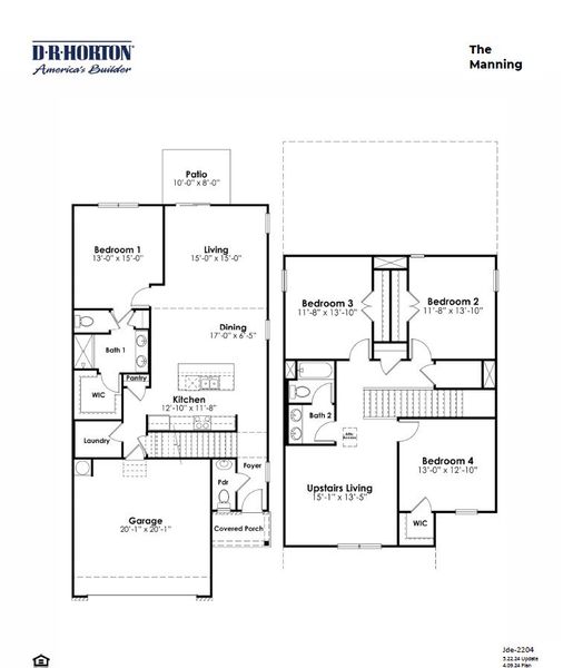 2D floor plan layout for the MANNING by D.R. Horton in Jordanville Farms, Galivants Ferry, SC (Image 2).