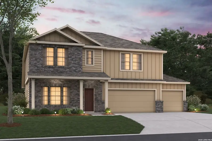 Front exterior of a new home in Hickory Ridge, Elmendorf, TX, highlighting curb appeal (Image 1). Front exterior of a new home in Hickory Ridge, Elmendorf, TX, highlighting curb appeal (Image 1).