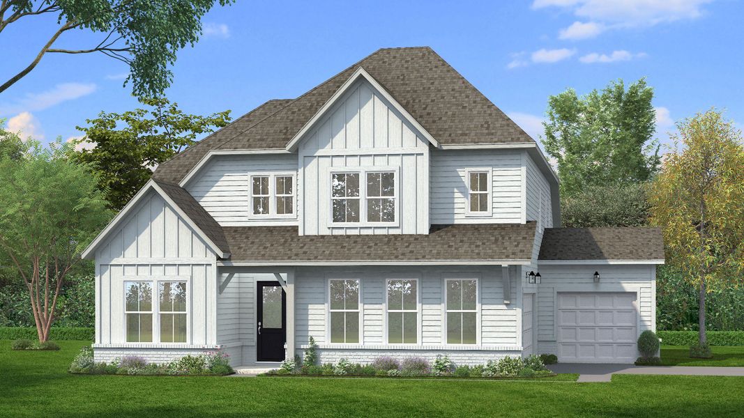 Elevation Rendering with white siding and 3-car side entry garage