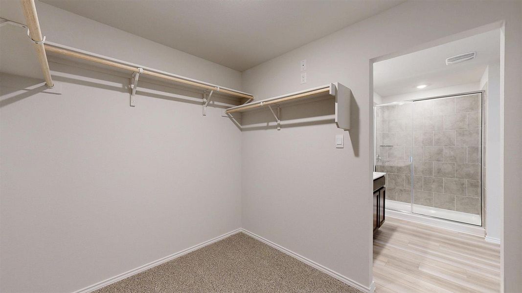 Ample storage space with direct access to a modern shower.