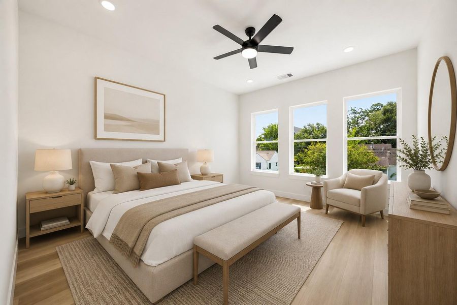 Virtually staged primary bedroom