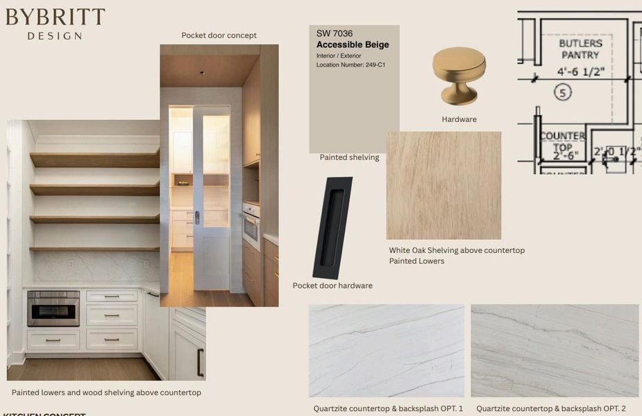 Visualize design elements for a contemporary butler's pantry, featuring sleek pocket doors and integrated appliances.