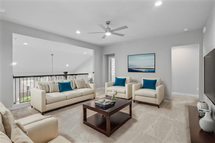 Perfect for entertaining is this amazing game room! Right upstairs this space would be a fabulous teen hangout, media room, or adult game room complete with enough room for a pool table and big screen TVs! Featuring plush carpet, high ceilings, ceiling fan, and custom paint!