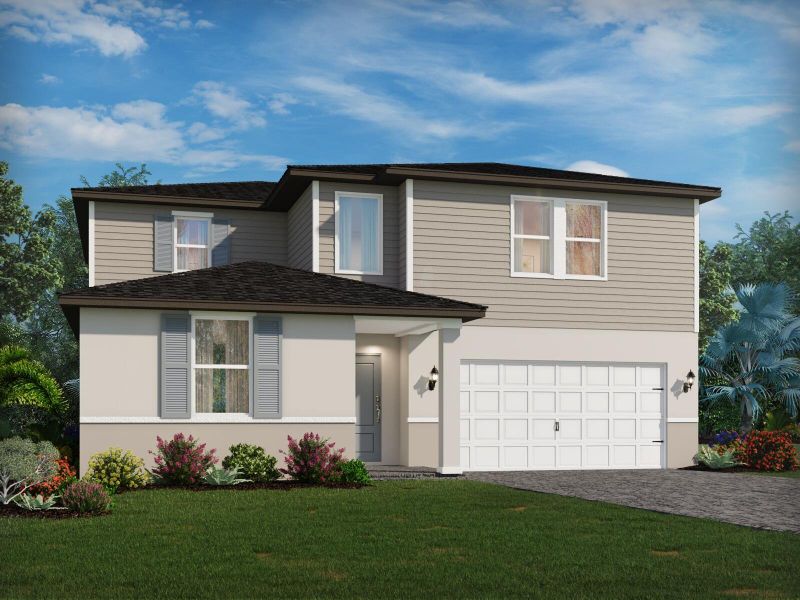 Front exterior of a new home in Meritage Homes at Terra Lago - Classic Series, Indiantown, FL, highlighting curb appeal (Image 1).