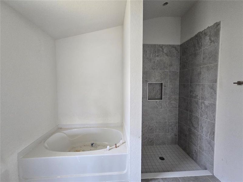 garden tub and tiled shower