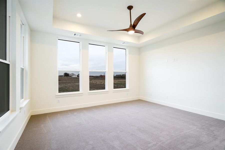 Spare room with a tray ceiling, ceiling fan, and light colored carpet