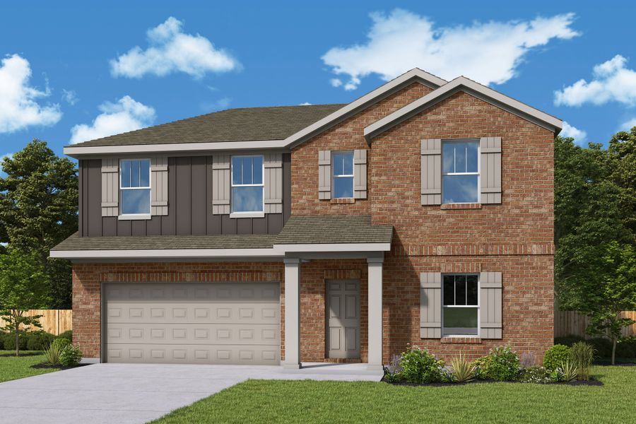 Front exterior of a new home in Meridiana, Manvel, TX, highlighting curb appeal (Image 1). Front exterior of a new home in Meridiana, Manvel, TX, highlighting curb appeal (Image 1).