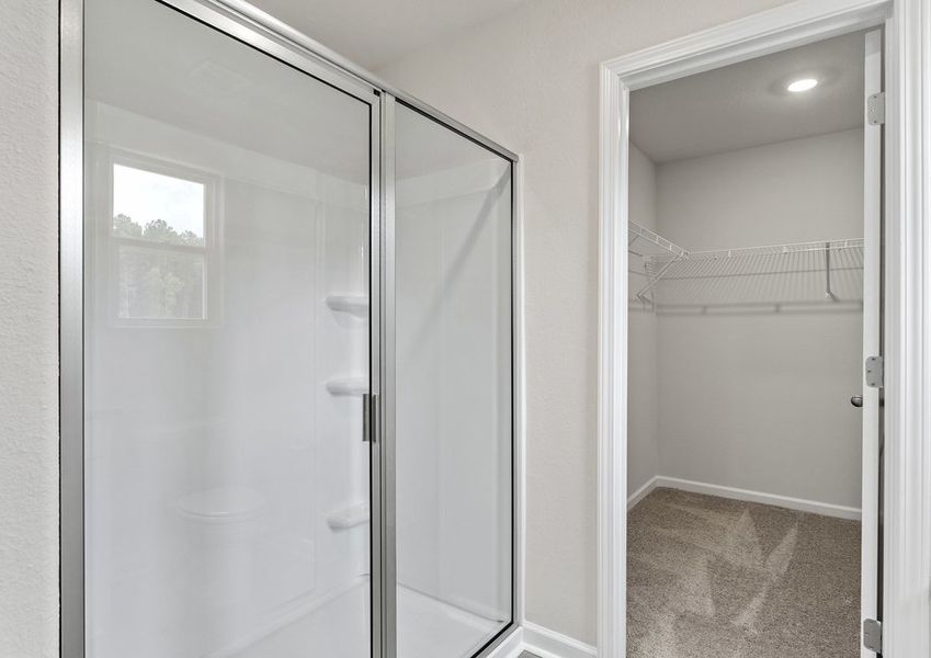 This bathroom has a glass-enclosed shower and walk-in closet.