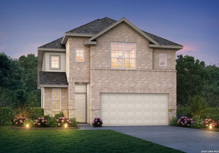Front exterior of a new home in Hunters Ranch, San Antonio, TX, highlighting curb appeal (Image 2). Front exterior of a new home in Hunters Ranch, San Antonio, TX, highlighting curb appeal (Image 2).