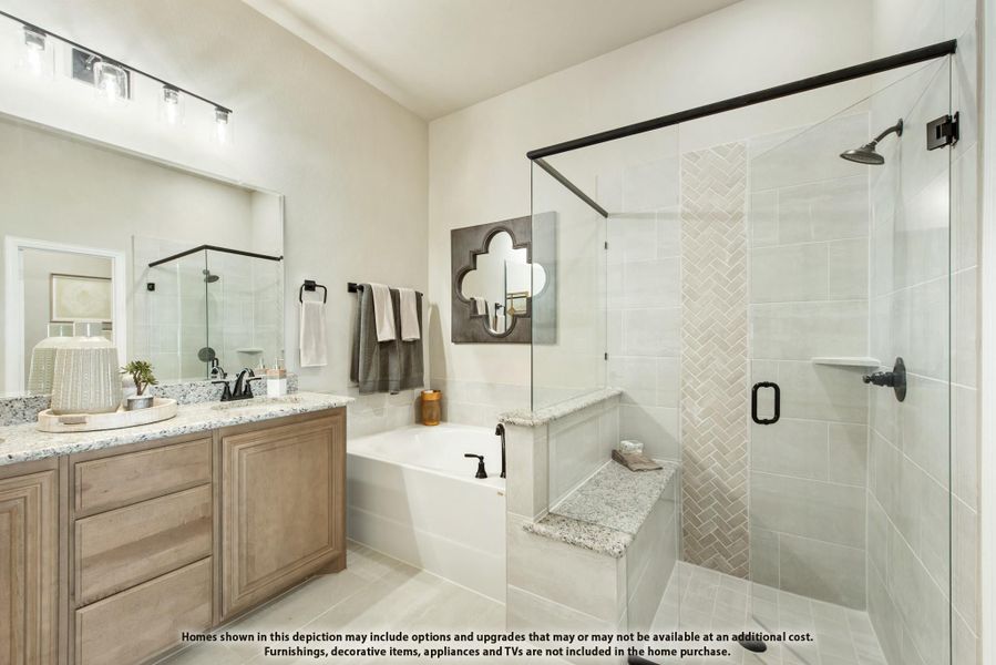 Bathroom with wood vanity, granite countertop, soaking tub, and glass-enclosed tile shower with bench seat