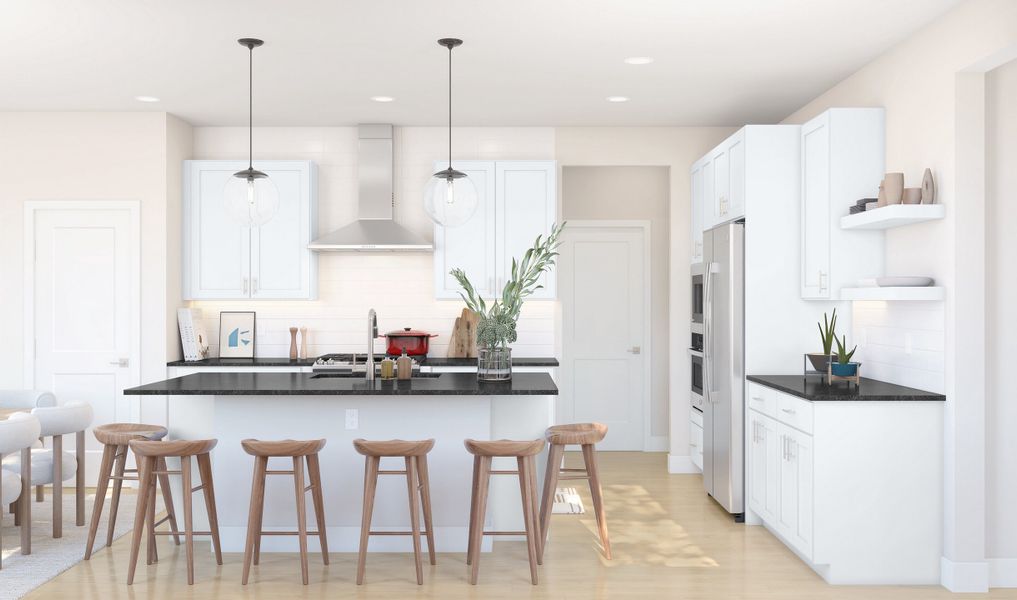 Kitchen with pendant lighting and floating shelves