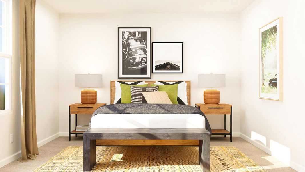 A bedroom with a bed and a table.