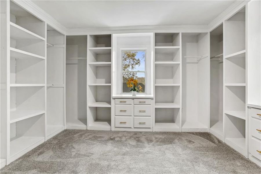 Owner suite Walk in closet with carpet floors