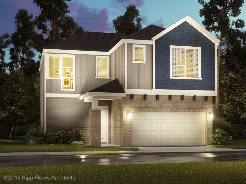 Front exterior of a new home in Pinewood Trails - Luxe Series, Houston, TX, highlighting curb appeal (Image 1). Front exterior of a new home in Pinewood Trails - Luxe Series, Houston, TX, highlighting curb appeal (Image 1).