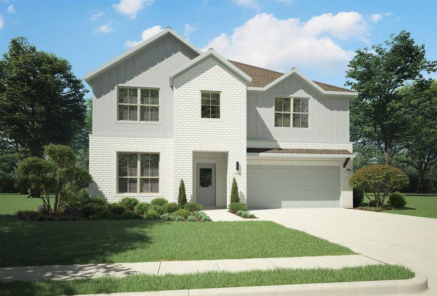 Front exterior of a new home in Madero, Haslet, TX, highlighting curb appeal (Image 1). Front exterior of a new home in Madero, Haslet, TX, highlighting curb appeal (Image 1).