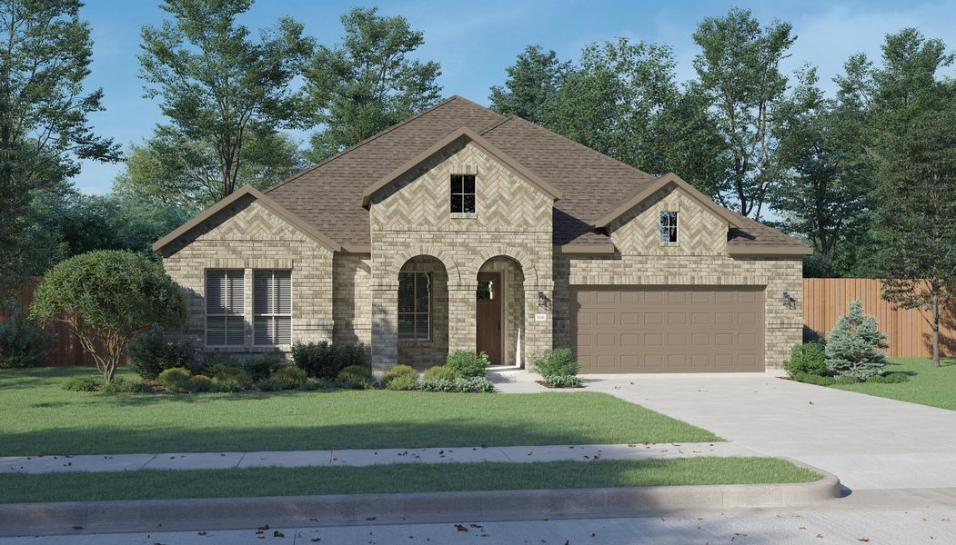 Front exterior of a new home in Painted Tree Lakeside, McKinney, TX, highlighting curb appeal (Image 2). Front exterior of a new home in Painted Tree Lakeside, McKinney, TX, highlighting curb appeal (Image 2).