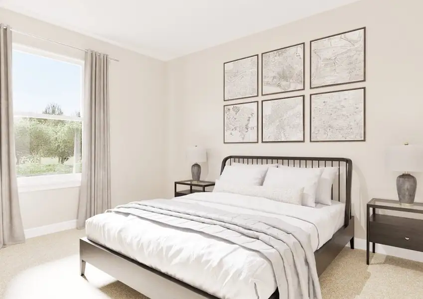 Bright, minimalist bedroom with a large bed, white bedding, and two wooden nightstands with lamps. Six map prints adorn the wall above the bed. Soft, neutral tones and sunlight streaming through a window with beige curtains create a serene atmosphere.