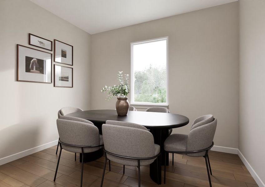 A serene dining room with a round black table, six gray chairs, a vase with flowers, and sunlight from a window. Wall displays framed art. Cozy and minimalist. A serene dining room with a round black table, six gray chairs, a vase with flowers, and sunlight from a window. Wall displays framed art. Cozy and minimalist.