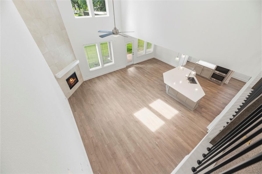 Bird's eye view of the family room and kitchen.