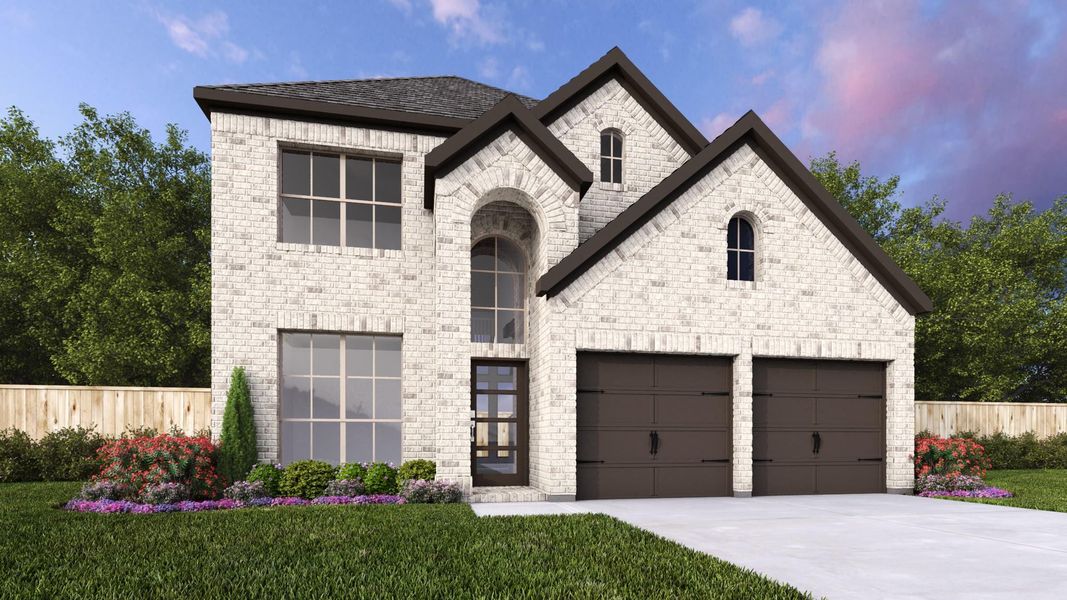 French country home with driveway, a front yard, fence, and brick siding