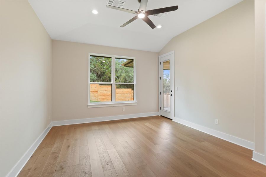 Spare room featuring recessed lighting, light wood-type flooring, a ceiling fan, visible vents, and baseboards Spare room featuring recessed lighting, light wood-type flooring, a ceiling fan, visible vents, and baseboards