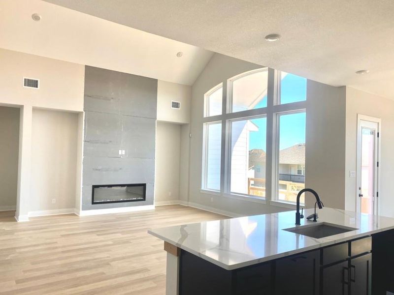 Kitchen with light wood finished floors, a fireplace, dark cabinetry, open floor plan, and light stone counters Kitchen with light wood finished floors, a fireplace, dark cabinetry, open floor plan, and light stone counters