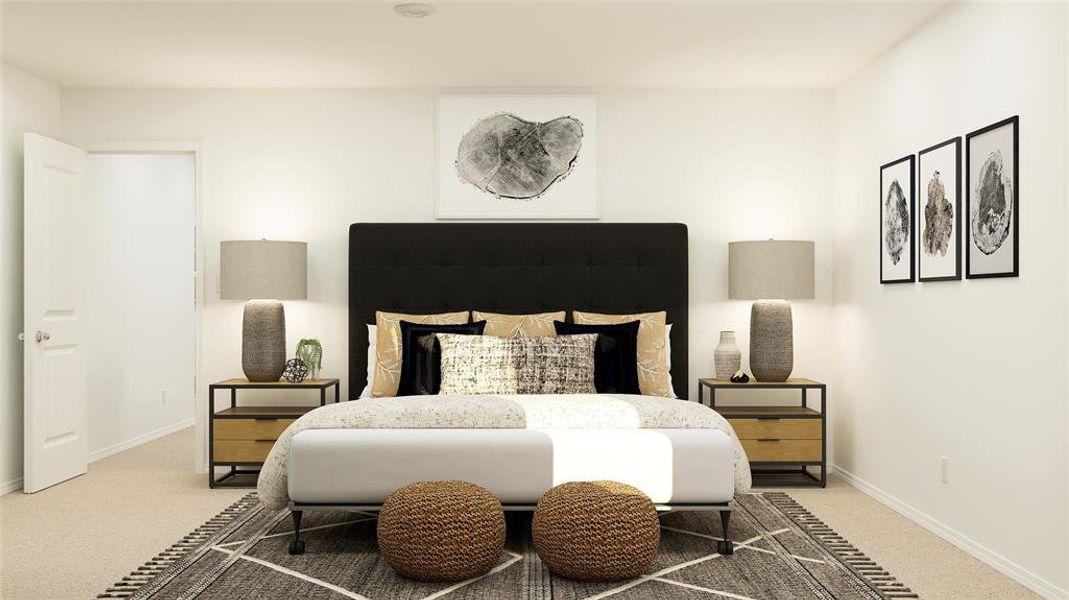 Bedroom featuring light carpet and baseboards Bedroom featuring light carpet and baseboards