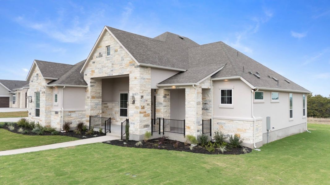 Front exterior of a new home in Feathergrass, Florence, TX, highlighting curb appeal (Image 33).