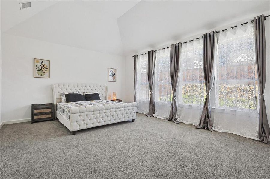 Carpeted bedroom with vaulted ceiling