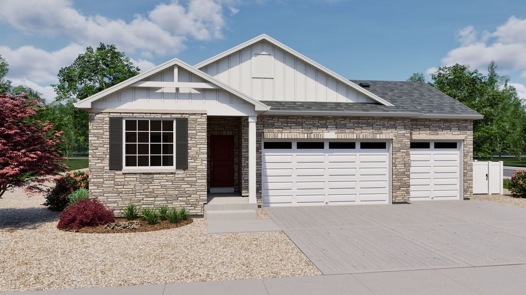 Front exterior of a new home in Reunion, Commerce City, CO, highlighting curb appeal (Image 1). Front exterior of a new home in Reunion, Commerce City, CO, highlighting curb appeal (Image 1).