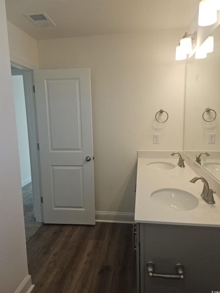 Bathroom featuring dark wood-type flooring and double vanity
