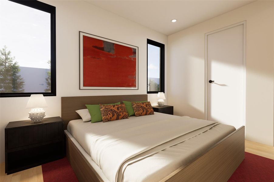 Bedroom with dark wood-style floors and recessed lighting