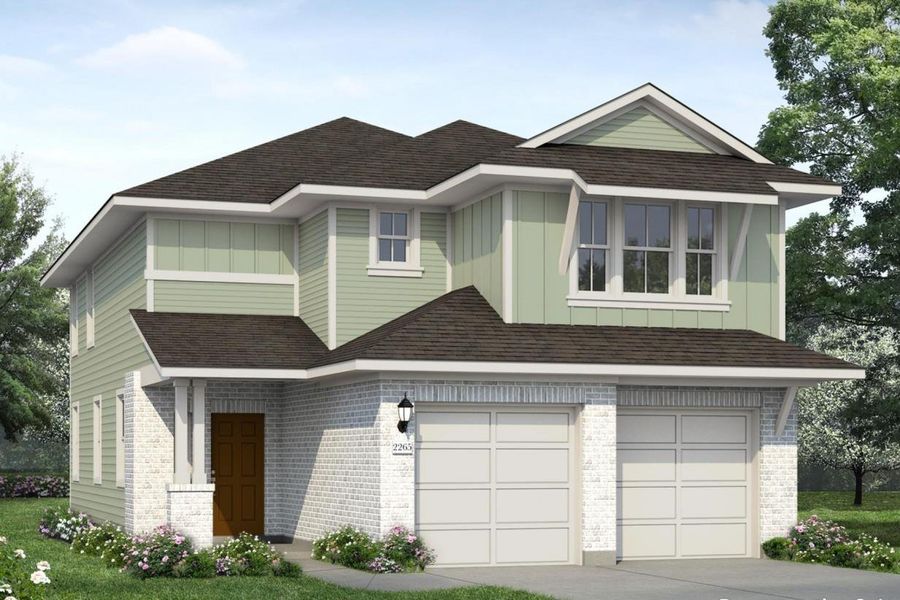 Front exterior of a new home in Hunters Ranch, San Antonio, TX, highlighting curb appeal (Image 1). Front exterior of a new home in Hunters Ranch, San Antonio, TX, highlighting curb appeal (Image 1).