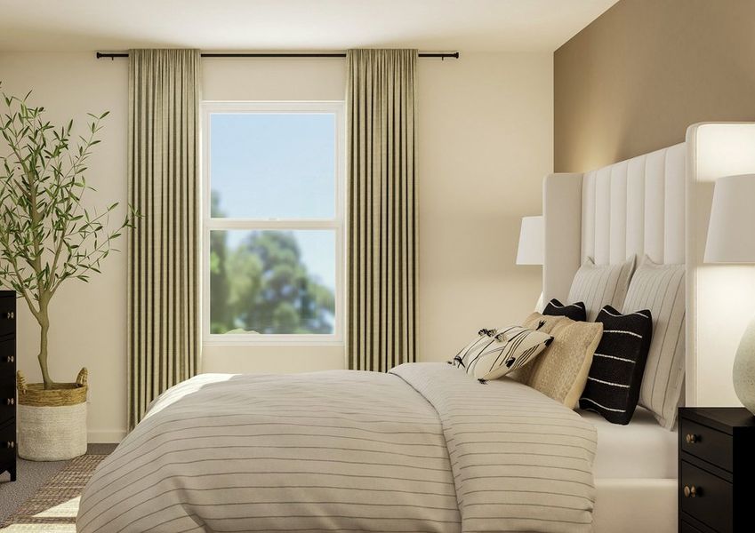 Rendering of a secondary bedroom featuring plush furniture and stylish décor. Rendering of a secondary bedroom featuring plush furniture and stylish décor.