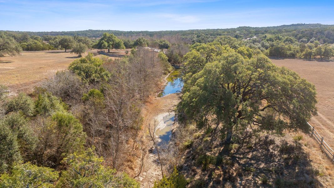 Aerial view of a forest of trees on either side of the creek