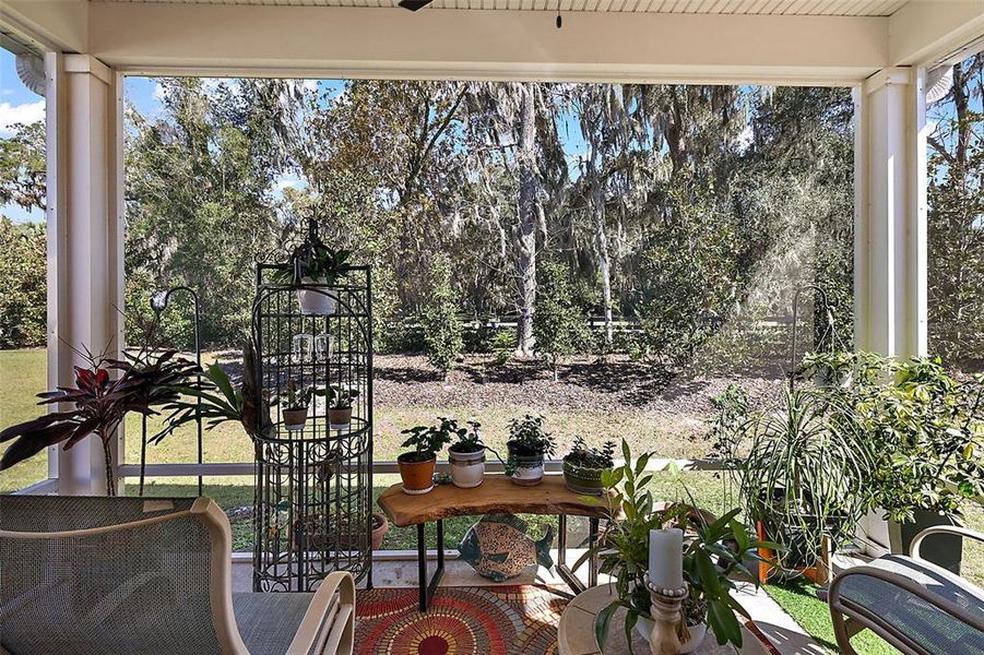 Enjoy the sights and smells of nature from the screened back porch.