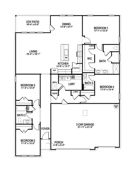 2D floor plan layout for the Denham by D.R. Horton in Shiloh Springs, Jackson, TN (Image 2).