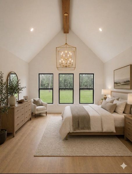 Primary bedroom suite with vaulted ceilings, exposed beam detail, oversized windows, and serene backyard views. Virtually Staged. Primary bedroom suite with vaulted ceilings, exposed beam detail, oversized windows, and serene backyard views. Virtually Staged.