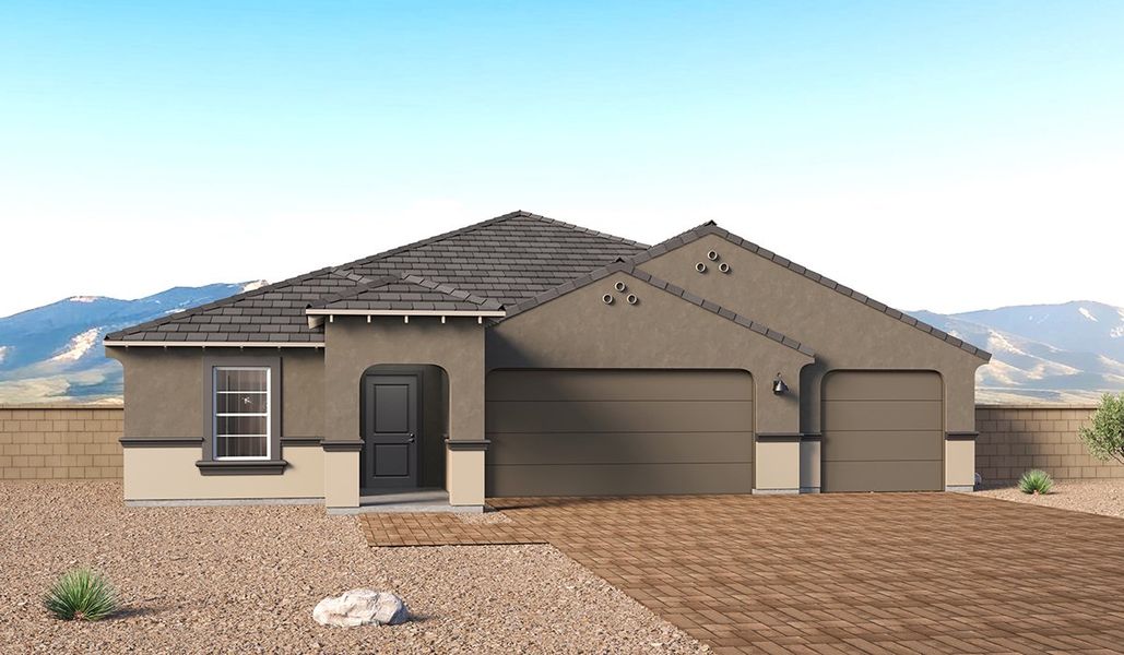 Front exterior of a new home in Entrada Del Toro at Rancho Sahuarita, Sahuarita, AZ, highlighting curb appeal (Image 1). Front exterior of a new home in Entrada Del Toro at Rancho Sahuarita, Sahuarita, AZ, highlighting curb appeal (Image 1).