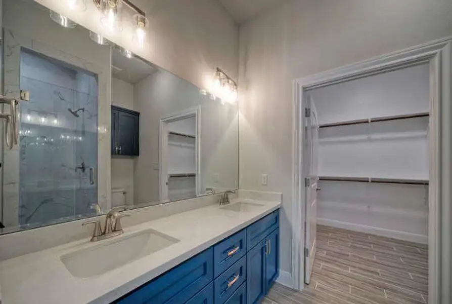 Bathroom featuring a walk in closet, double vanity, a shower stall, and wood finished floors