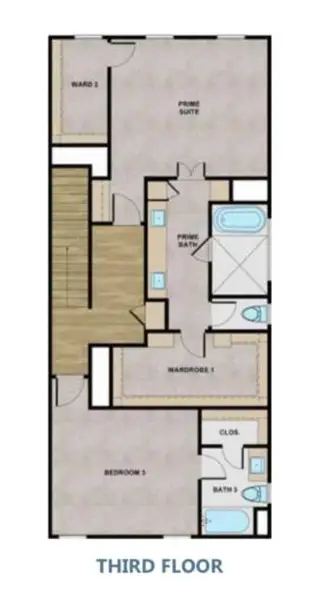 The third floor features the luxurious primary suite and an additional secondary bedroom, offering both privacy and comfort.