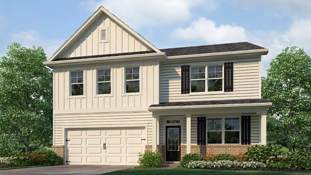 Front exterior of a new home in Thompson Ridge, Dallas, GA, highlighting curb appeal (Image 1). Front exterior of a new home in Thompson Ridge, Dallas, GA, highlighting curb appeal (Image 1).