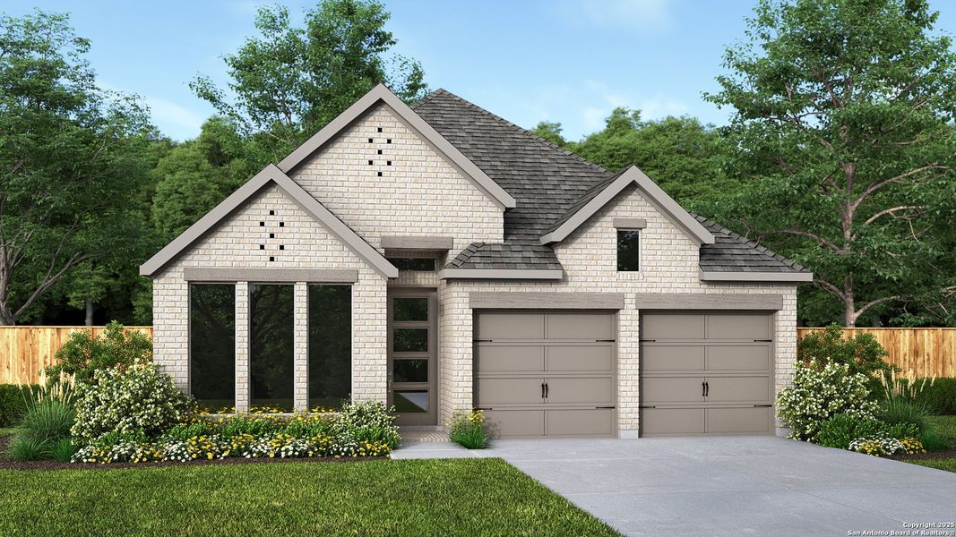 Front exterior of a new home in Ladera 45', San Antonio, TX, highlighting curb appeal (Image 1).
